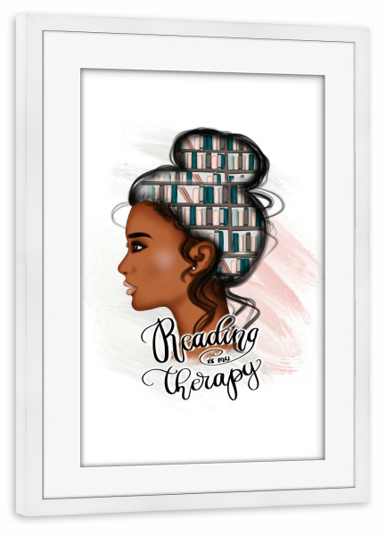 Poster mit Rahmen weiß "Reading Is My Therapy | Afro Girl" artboxONE - Menschen,Lehrersprüche,Für Mama,Lustig