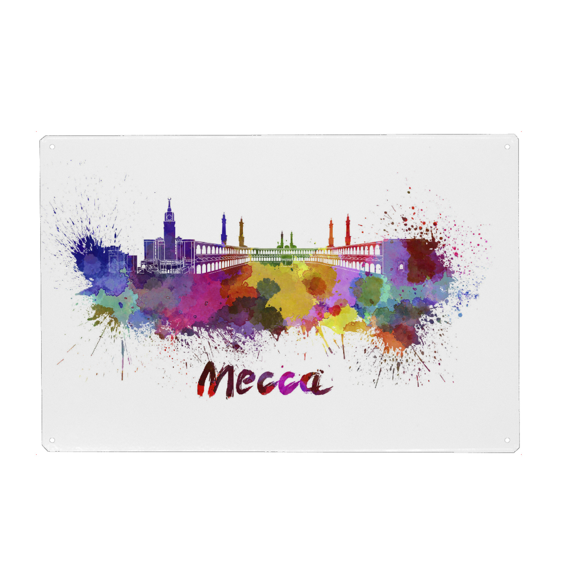 Holzbild "MECCA skyline in watercolor-b" artboxONE - Städte,Abstrakt,Architektur