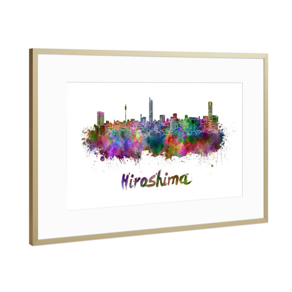 Poster mit Rahmen Gold "HIROSHIMA skyline in watercolor" artboxONE - Städte,Abstrakt,Architektur