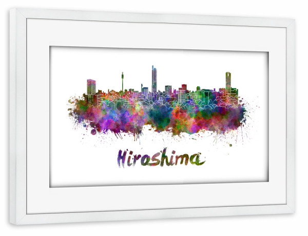 Poster mit Rahmen weiß "HIROSHIMA skyline in watercolor" artboxONE - Städte,Abstrakt,Architektur