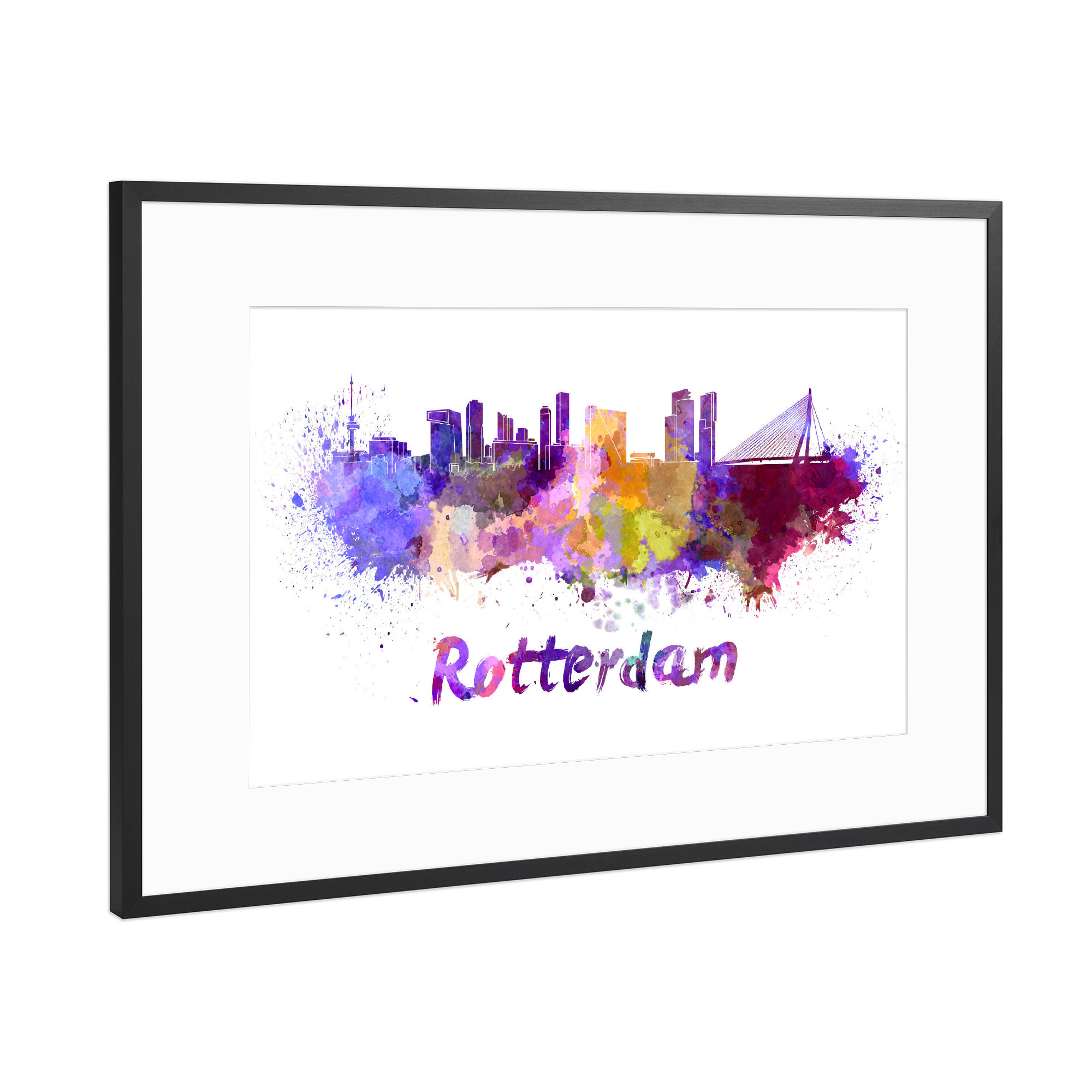 Poster mit Rahmen Schwarz (Metallic) "ROTTERDAM skyline in watercolor" artboxONE - Städte,Abstrakt,Automobile