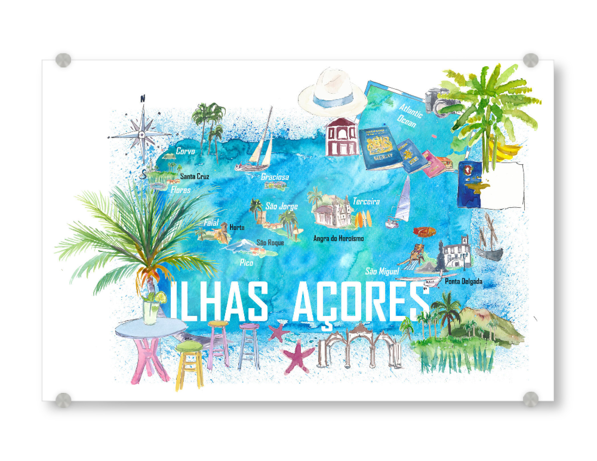 Acrylglasbild "Azores Illustrated Travel Map" artboxONE - Reise,Reise / Strand und Meer,Kartografie