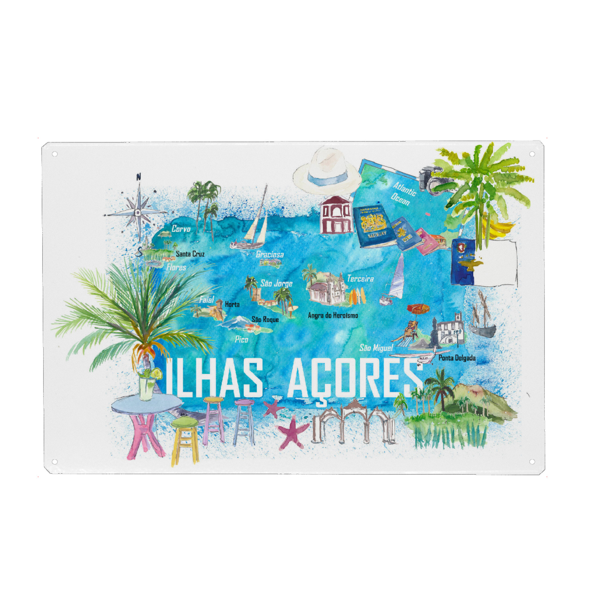 Holzbild "Azores Illustrated Travel Map" artboxONE - Reise,Reise / Strand und Meer,Kartografie