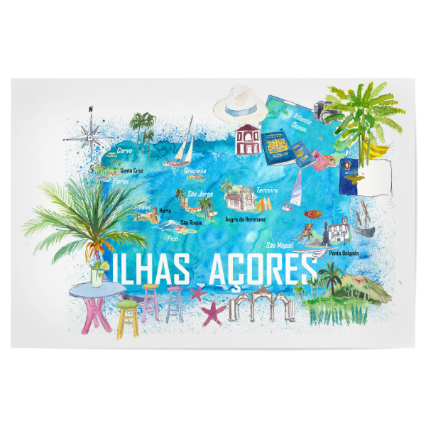 Poster 30x20 cm "Azores Illustrated Travel Map" artboxONE - Reise,Reise / Strand und Meer,Kartografie