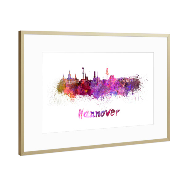 Poster mit Rahmen Gold "HANNOVER skyline in watercolor-b" artboxONE - Städte,Abstrakt,Architektur