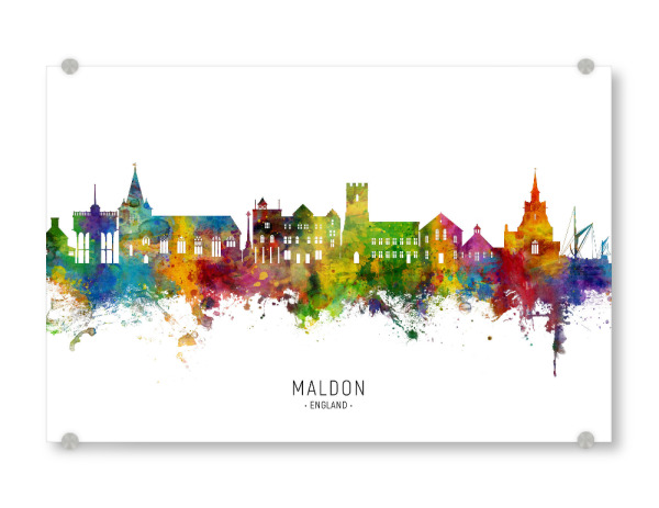 Acrylglasbild "Maldon England Skyline txt" artboxONE - Städte - Maldon,England,Skyline,Cityscape,Stadtbild,Watercolor,Painting,Colorful,Bunt