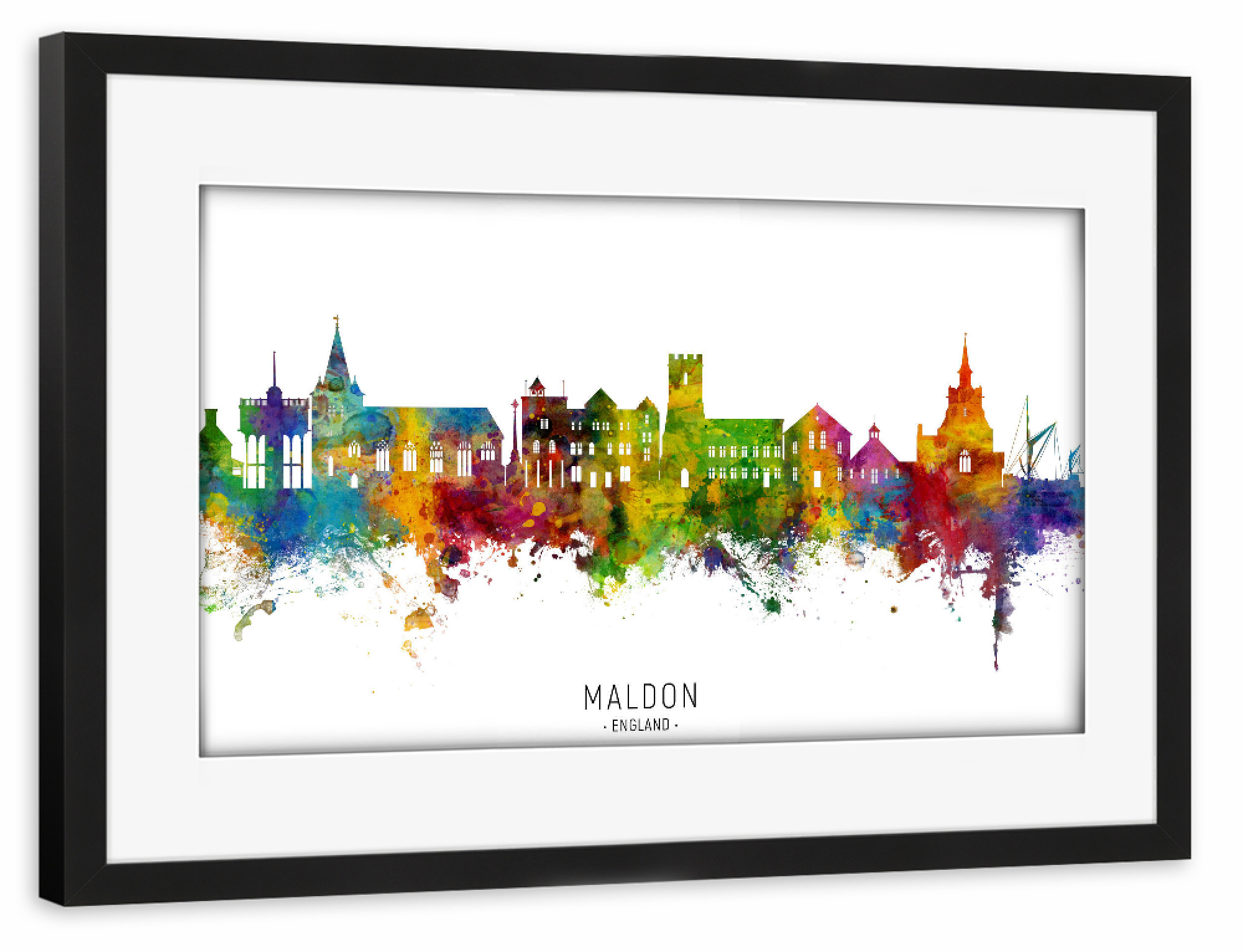 Poster mit Rahmen schwarz "Maldon England Skyline txt" artboxONE - Städte