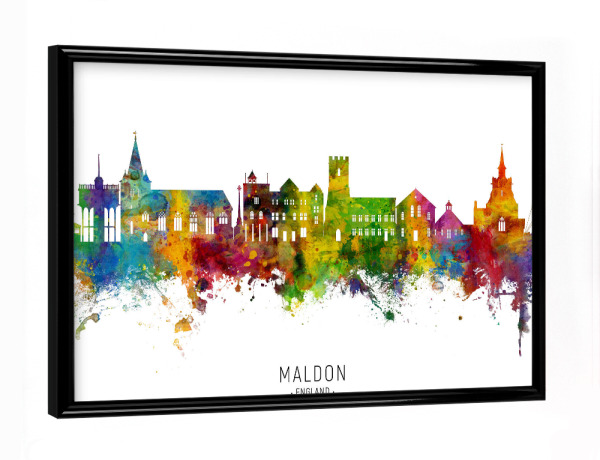 Poster mit schwarzem Rahmen "Maldon England Skyline txt" artboxONE - Städte