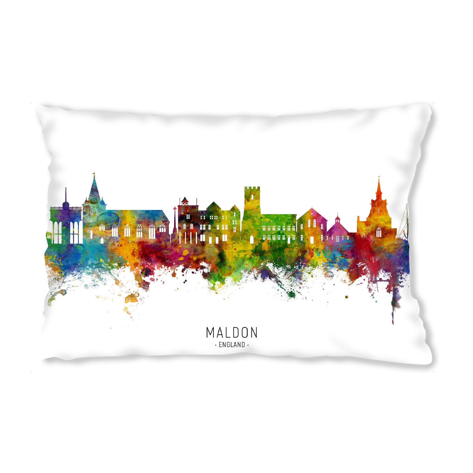 Design-Kissen "Maldon England Skyline txt" artboxONE - Städte - Maldon,England,Skyline,Cityscape,Stadtbild,Watercolor,Painting,Colorful,Bunt