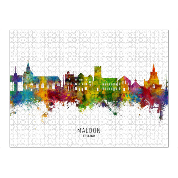 Puzzle Ravensburger "Maldon England Skyline txt" artboxONE - Städte - Maldon,England,Skyline,Cityscape,Stadtbild,Watercolor,Painting,Colorful,Bunt