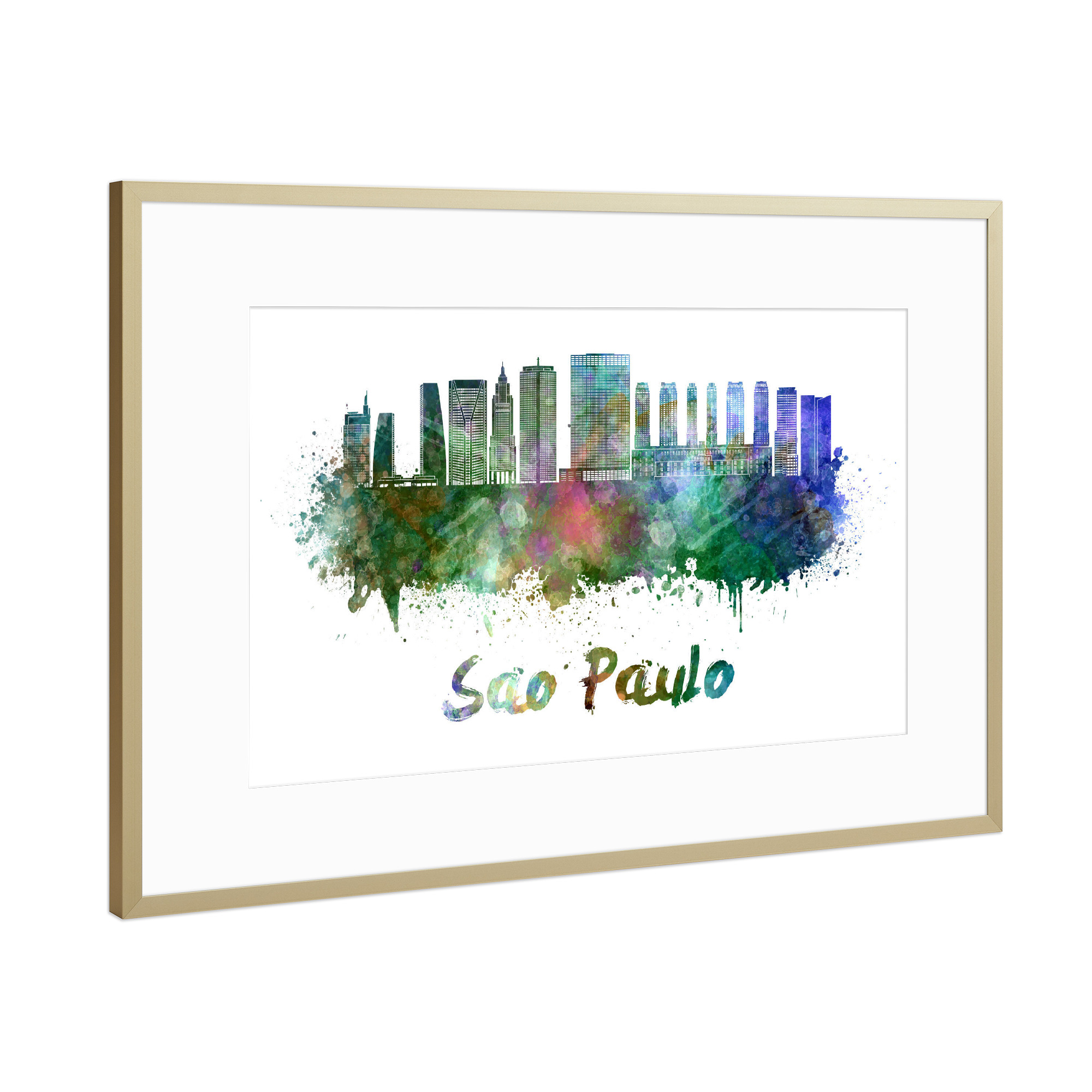 Poster mit Rahmen Gold "SAO PAULO skyline in watercolor-x" artboxONE - Städte,Abstrakt,Architektur