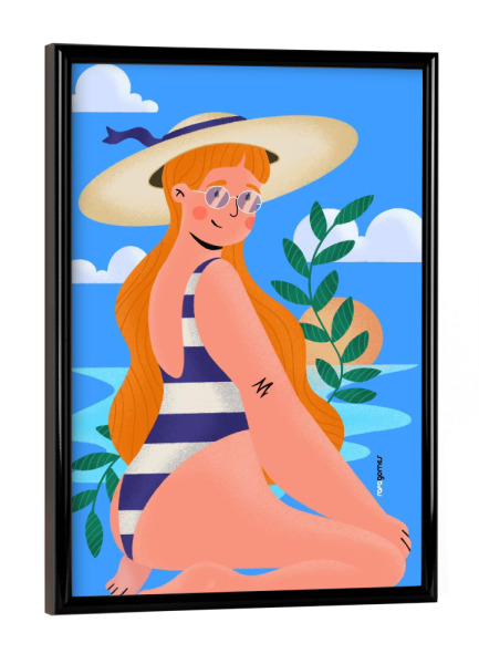 Poster mit schwarzem Rahmen "Woman On The Beach Blue" artboxONE - Natur,Floral,Comic,Fashion