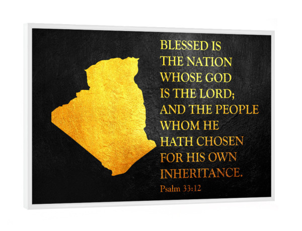 Poster mit weißem Rahmen "Algeria Bible Verse Gold Map" artboxONE - Reise / Länder - Algeria,Gold,Map,Karte,Algerien
