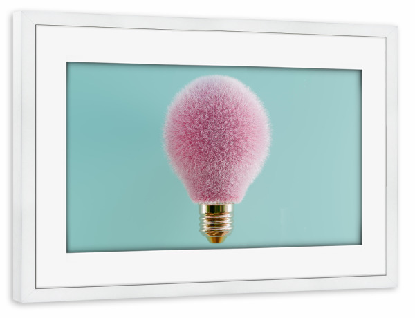 Poster mit Rahmen weiß "Hairy light bulb" artboxONE - Abstrakt,Lustig - Light bulb,Hairy,Idea,Concept,Humor,Creativity,Fur,Pastel,Energy,Light,Collage