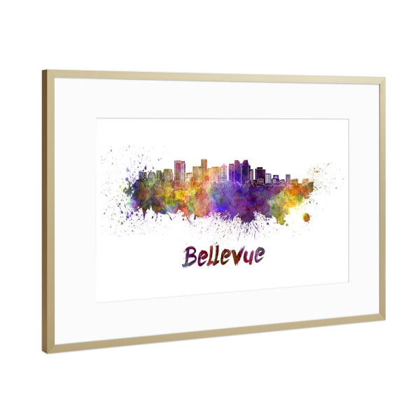Poster mit Rahmen Gold "BELLEVUE skyline in watercolor-b" artboxONE - Städte,Reise,Abstrakt,Architektur