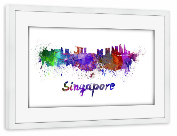 Poster mit Rahmen weiß "SINGAPORE skyline in watercolor-x" artboxONE - Städte,Abstrakt,Architektur