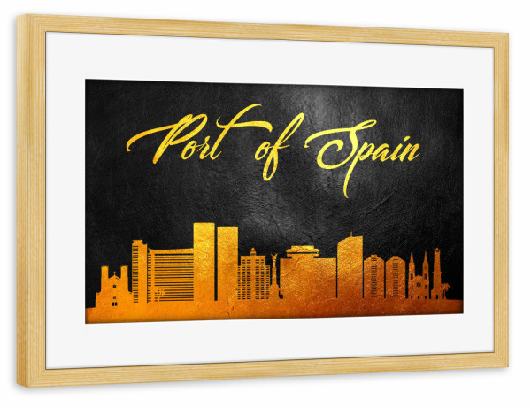 Poster mit Rahmen kiefer "Port of Spain Gold Skyline" artboxONE - Städte - Port of spain,Trinidad and tobago,Gold,Skyline,City,Stadt,Spanien,Spain