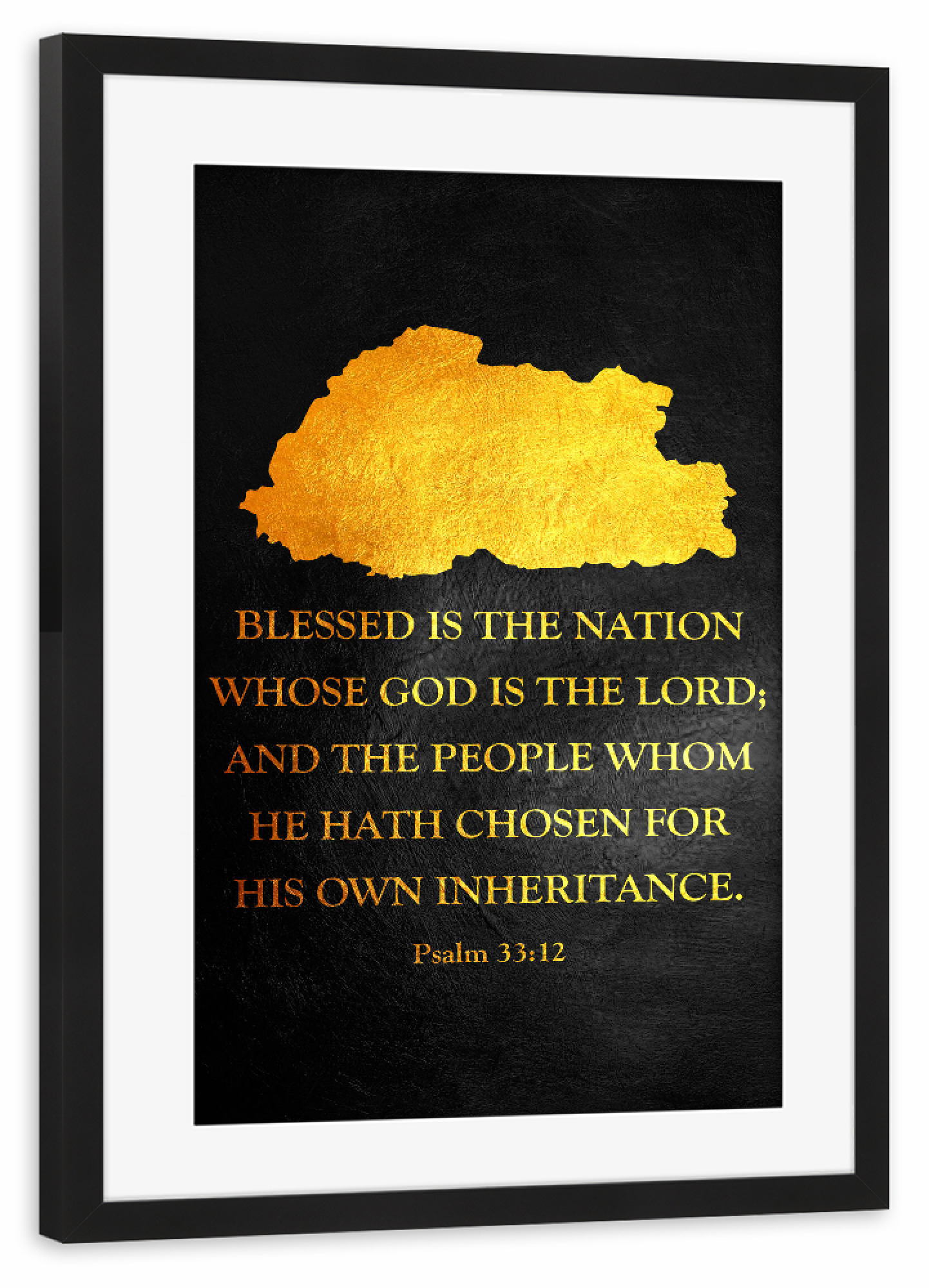 Poster mit Rahmen schwarz "Bhutan Bible Verse Gold Map" artboxONE - Reise / Länder - Bhutan,Gold,Map,Karte