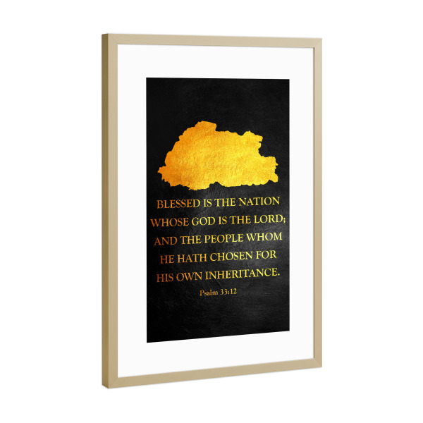 Poster mit Rahmen Gold "Bhutan Bible Verse Gold Map" artboxONE - Reise / Länder - Bhutan,Gold,Map,Karte