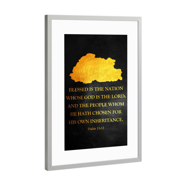 Poster mit Rahmen Silber "Bhutan Bible Verse Gold Map" artboxONE - Reise / Länder - Bhutan,Gold,Map,Karte
