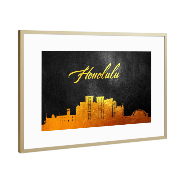 Poster mit Rahmen Gold "Honolulu Hawaii Gold Skyline" artboxONE - Städte - Honolulu hawaii,Gold,Skyline,City,Stadt