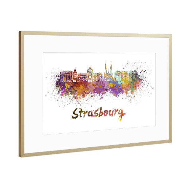 Poster mit Rahmen Gold "STRASBOURG skyline in watercolor-x" artboxONE - Städte,Abstrakt,Architektur