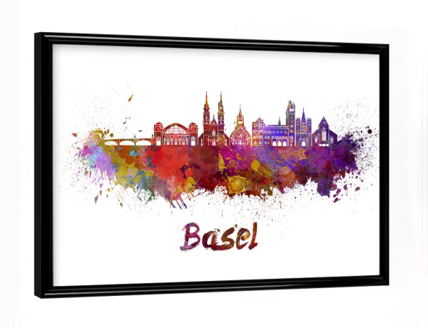 Poster mit schwarzem Rahmen "BASEL skyline in watercolor-b" artboxONE - Städte,Reise,Abstrakt,Architektur