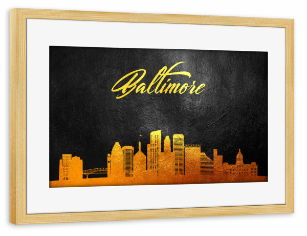 Poster mit Rahmen kiefer "Baltimore Maryland Gold Skyline" artboxONE - Städte - Baltimore,Maryland,Gold,Skyline,City,Stadt