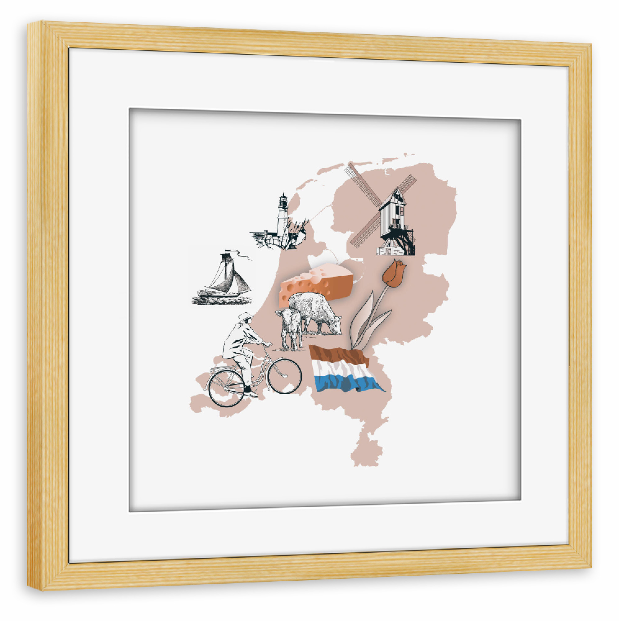 Poster mit Rahmen kiefer "Niederlande Illumap" artboxONE - Reise,Reise / Strand und Meer,Reise / Länder,Kartografie