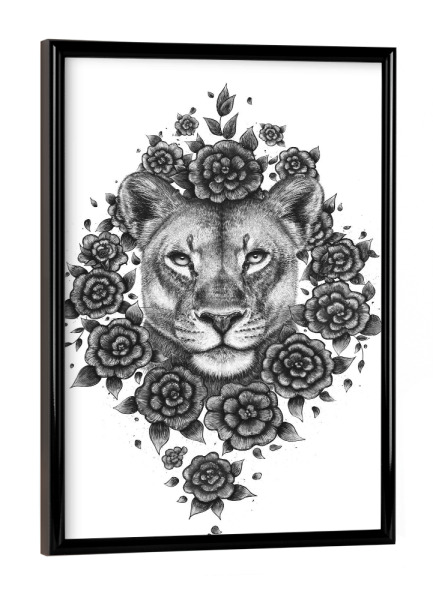 Poster mit schwarzem Rahmen "Lioness in flowers" artboxONE - Natur,Floral,Tiere,Für Mama,Lustig