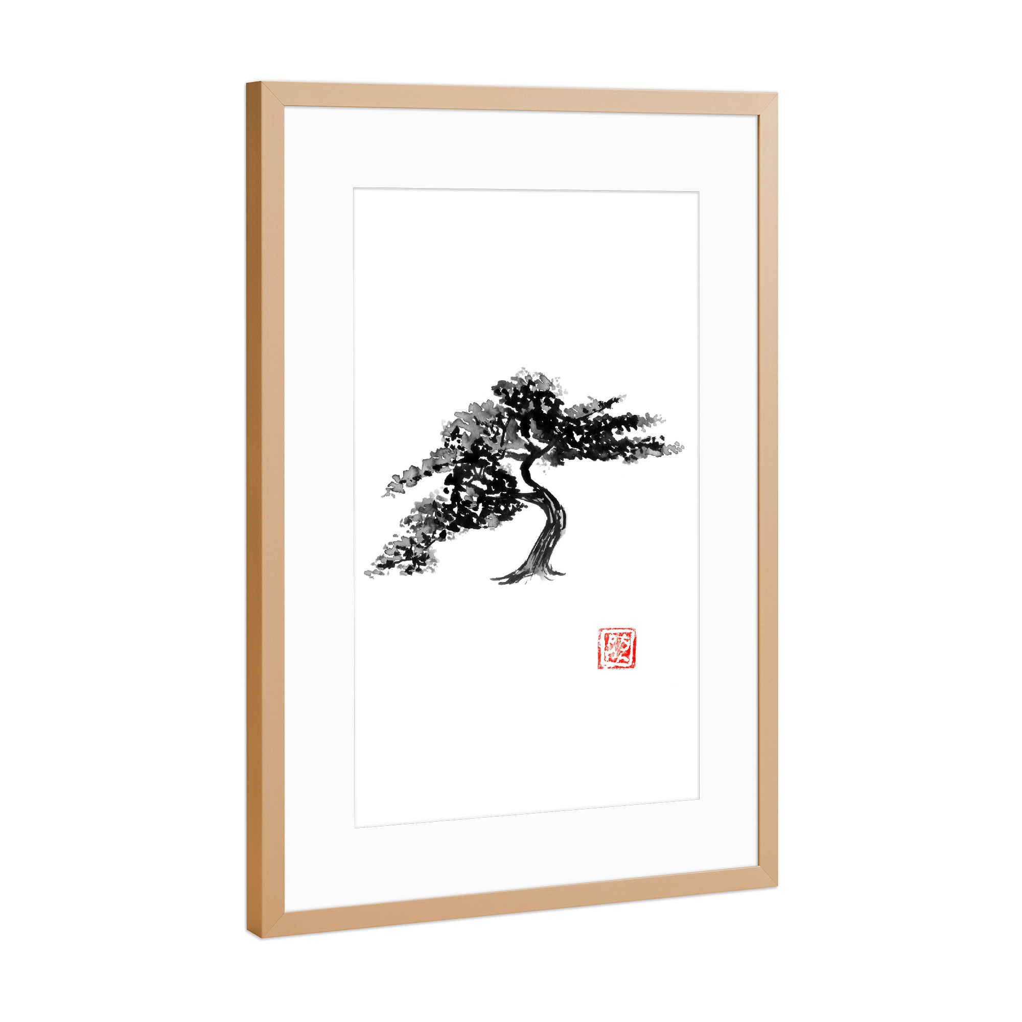 Poster mit Rahmen Kupfer "Bonsai" artboxONE - Reise / Asien - Tree,Bonsai,Bonzai,Sumie,Japan,Schwarzweiß,Blackandwhite