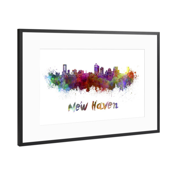Poster mit Rahmen Schwarz (Metallic) "NEW HAVEN skyline in watercolor-b" artboxONE - Städte,Abstrakt,Architektur