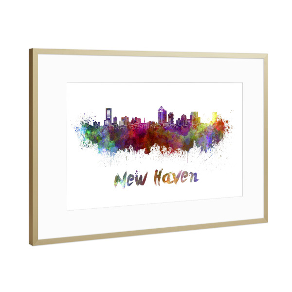 Poster mit Rahmen Gold "NEW HAVEN skyline in watercolor-b" artboxONE - Städte,Abstrakt,Architektur