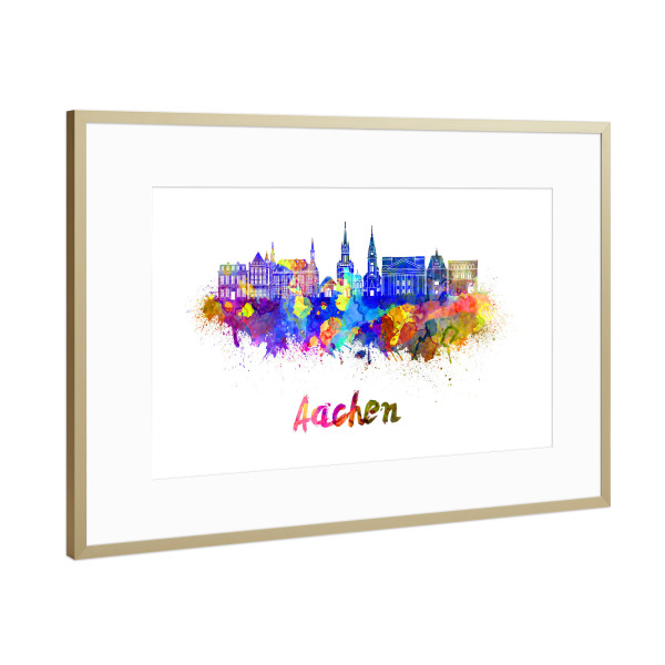 Poster mit Rahmen Gold "Aachen skyline in watercolor-b" artboxONE - Städte,Reise