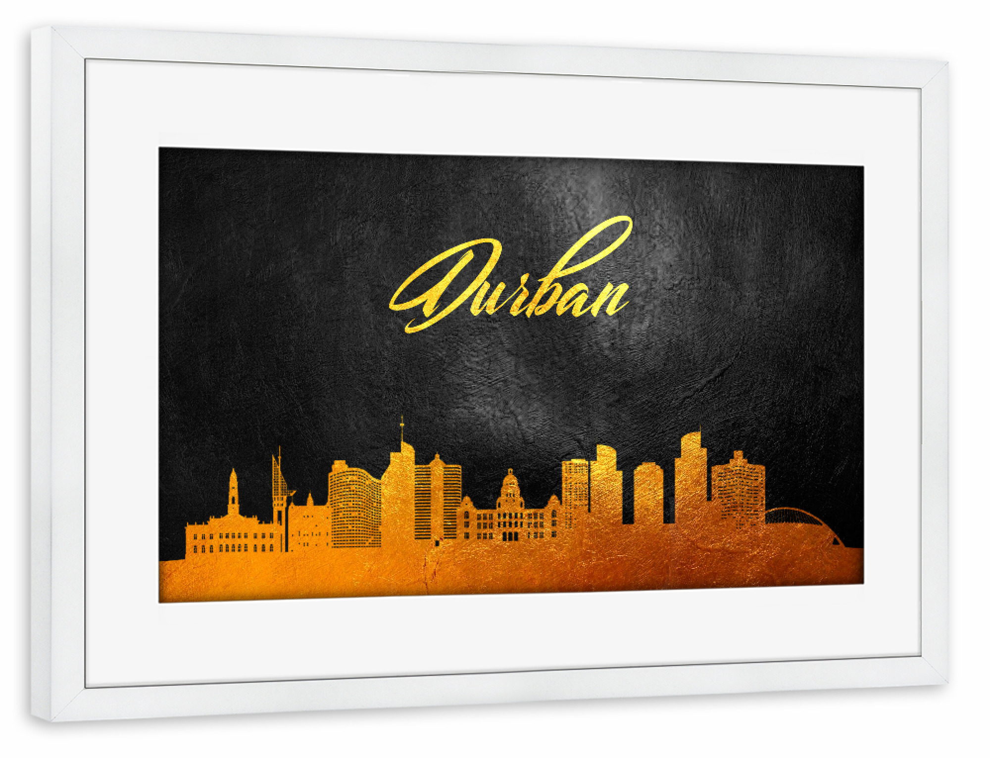 Poster mit Rahmen weiß "Durban South Africa Gold Skyline" artboxONE - Städte - Gold,Skyline,Durban,South africa,City,Stadt