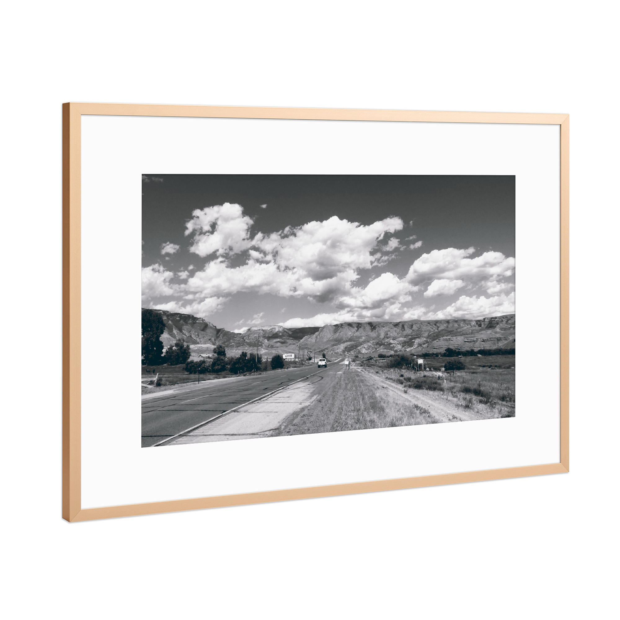 Poster mit Rahmen Kupfer "Wyoming Road schwarzweiß" artboxONE - Reise,Schwarzweiß,Reise / Länder
