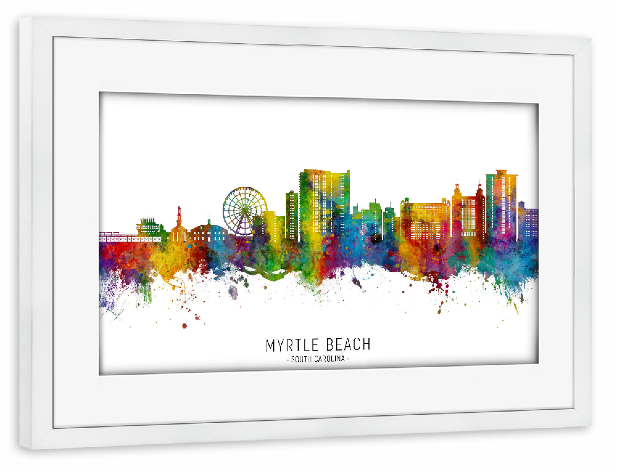 Poster mit Rahmen weiß "Myrtle Beach Skyline txt" artboxONE - Städte