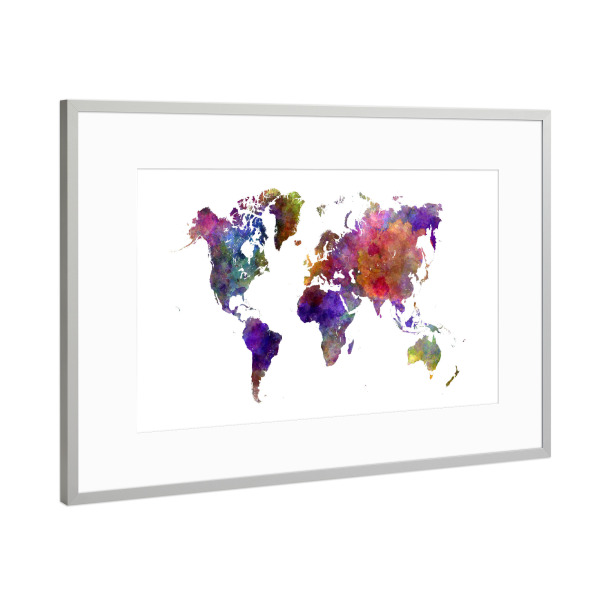 Poster mit Rahmen Silber "Watercolor world map-a" artboxONE - Reise,Abstrakt,Kartografie