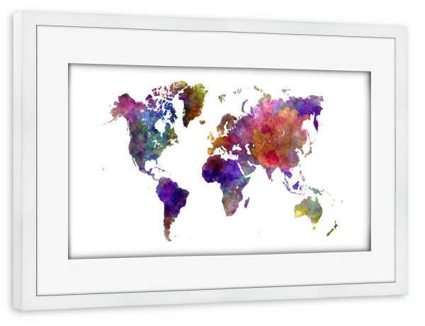Poster mit Rahmen weiß "Watercolor world map-a" artboxONE - Reise,Abstrakt,Kartografie