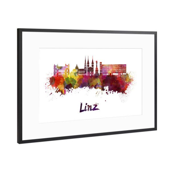 Poster mit Rahmen Schwarz (Metallic) "LINZ skyline in watercolor-h" artboxONE - Städte,Abstrakt,Architektur