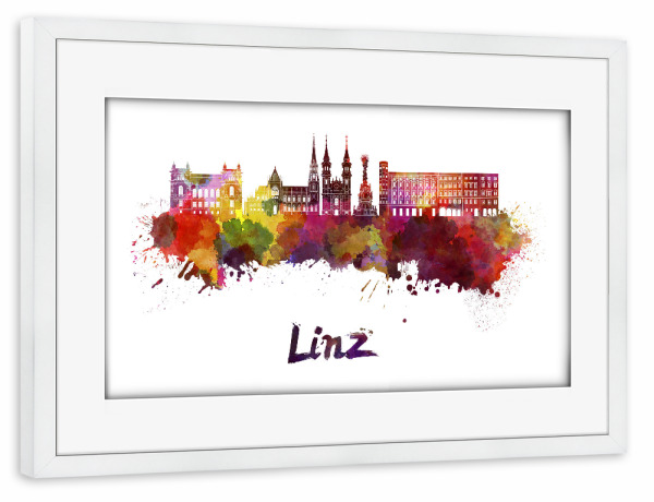 Poster mit Rahmen weiß "LINZ skyline in watercolor-h" artboxONE - Städte,Abstrakt,Architektur