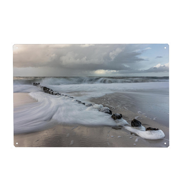 Metall Poster "Wellen weich gezeichnet" artboxONE - Reise / Strand und Meer - Wasser,Wellen,Brandung,Meer,Sylt,Buhnen,Strand,Langzeitbelichtung