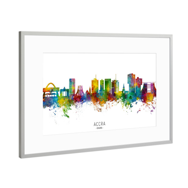 Poster mit Rahmen Silber "Accra Ghana Skyline txt" artboxONE - Städte