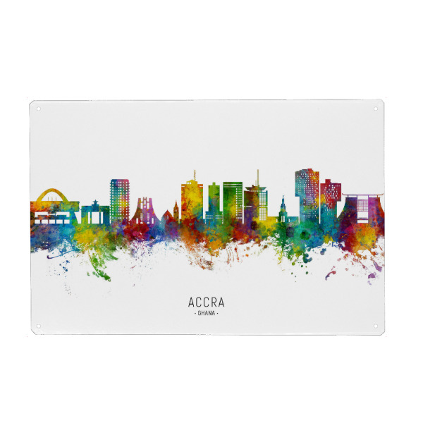 Holzbild "Accra Ghana Skyline txt" artboxONE - Städte - Accra,Ghana,Skyline,Cityscape,Stadtbild,Watercolor,Painting,Colorful,Bunt,Stadt,City