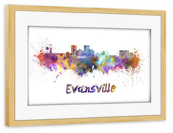 Poster mit Rahmen kiefer "EVANSVILLE skyline in watercolor-b" artboxONE - Städte,Abstrakt,Architektur