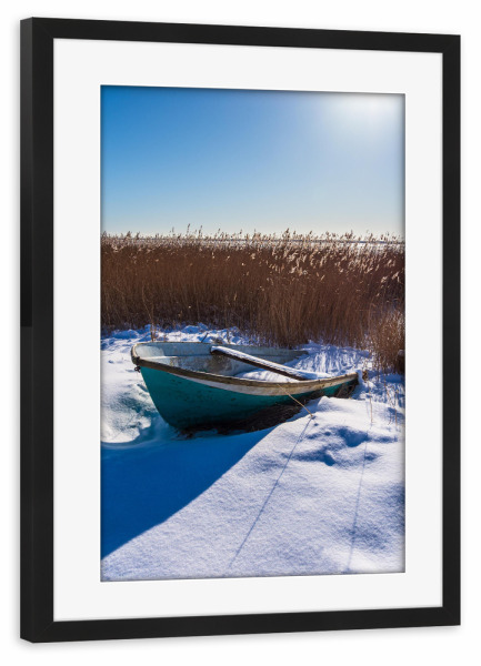 Poster mit Rahmen schwarz "Boot, Schilf und Sonne" artboxONE - Natur,Reise,Reise / Strand und Meer