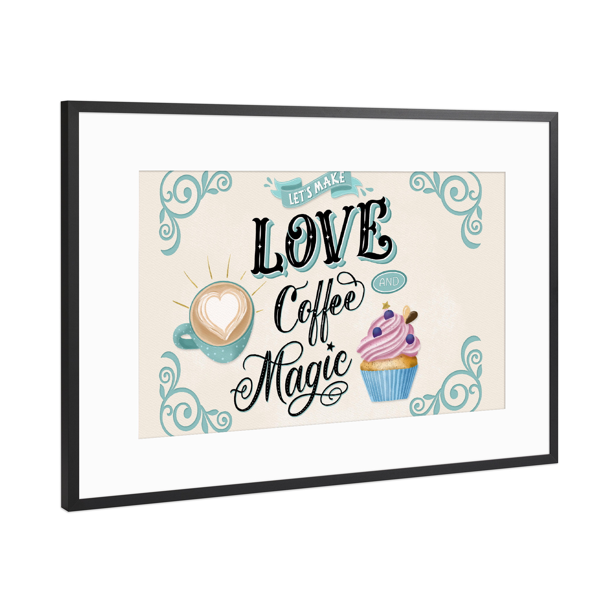 Poster mit Rahmen Schwarz (Metallic) "Love, Coffee and Magic" artboxONE - Typografie,Essen & Trinken / Alkohol,Lustig