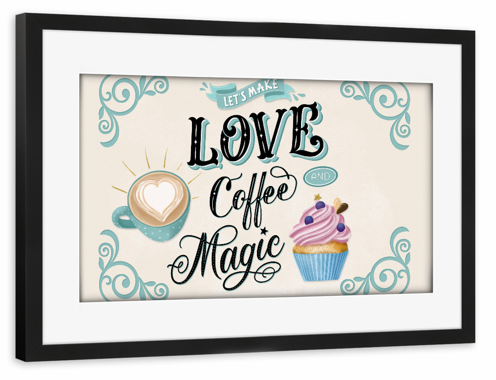 Poster mit Rahmen schwarz "Love, Coffee and Magic" artboxONE - Typografie,Essen & Trinken / Alkohol,Lustig