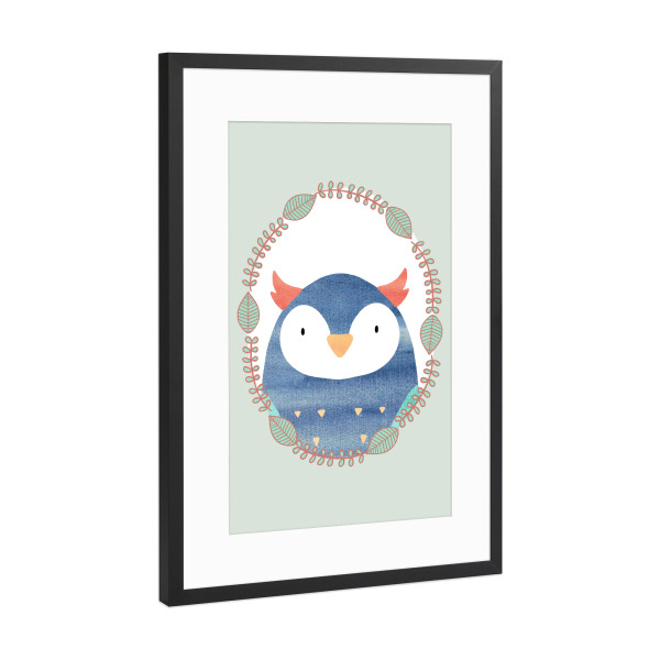 Poster mit Rahmen Schwarz (Metallic) "Kleine Eule mit Kranz" artboxONE - Natur,Für Kinder,Tiere,Comic