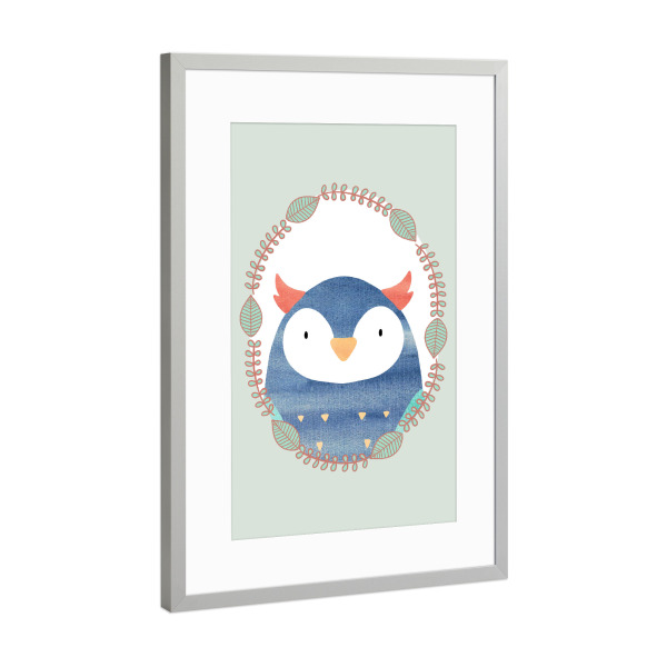 Poster mit Rahmen Silber "Kleine Eule mit Kranz" artboxONE - Natur,Für Kinder,Tiere,Comic